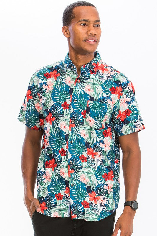 Weiv Mens Print Hawaiian Button Down Shirt WS7011