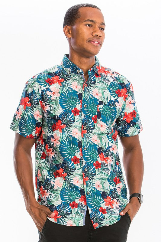 Weiv Mens Print Hawaiian Button Down Shirt WS7011