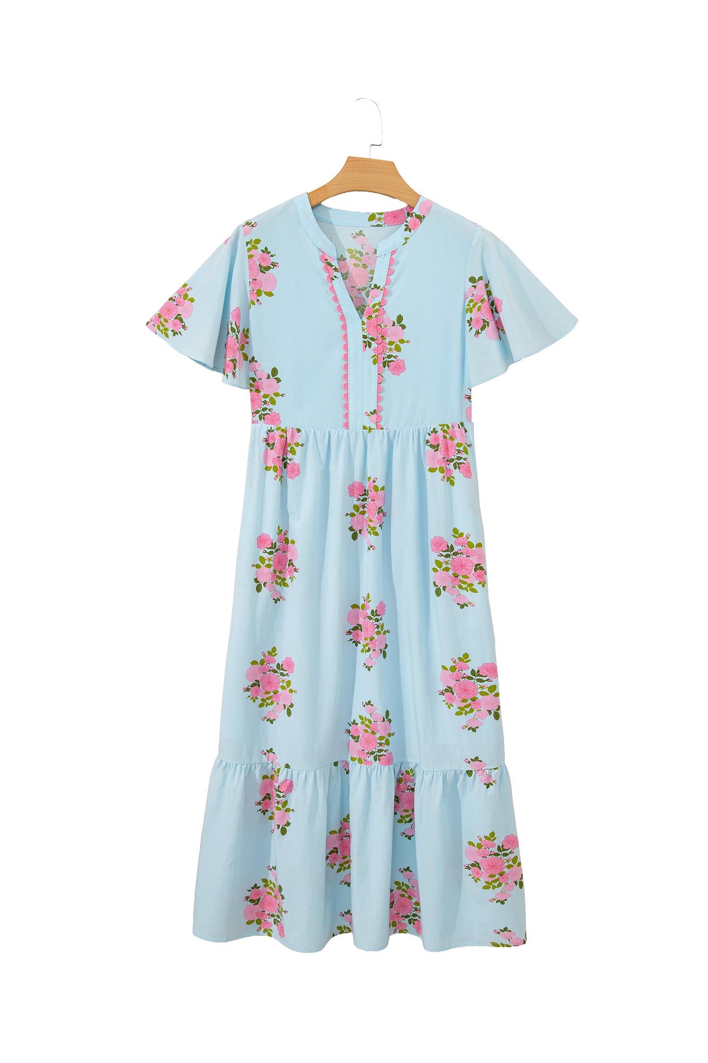 Sky Blue Notched Neck Flutter Short Sleeve Floral Print Maxi Dress