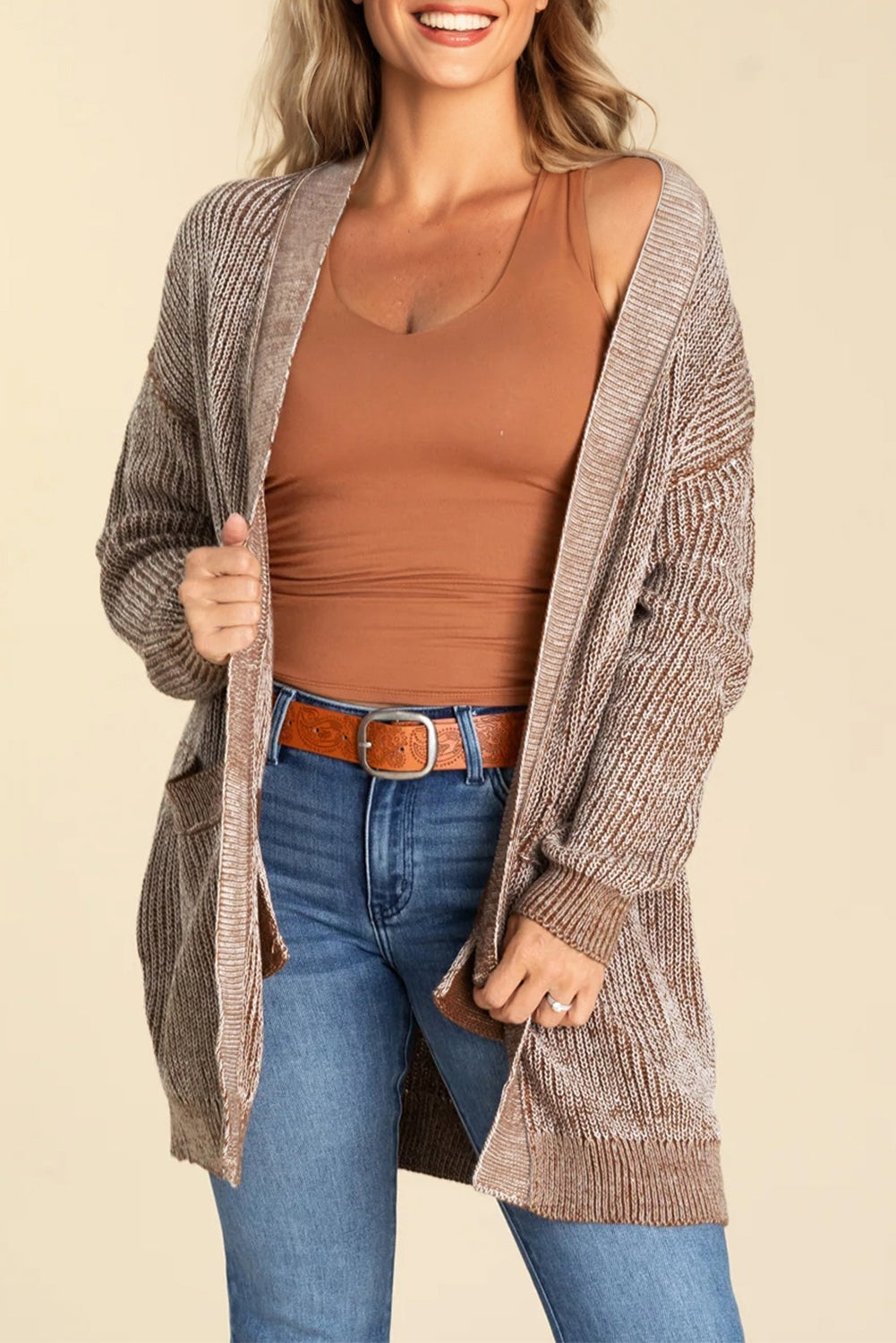 Straw Yellow Solid Open Knit Cardigan with Pockets