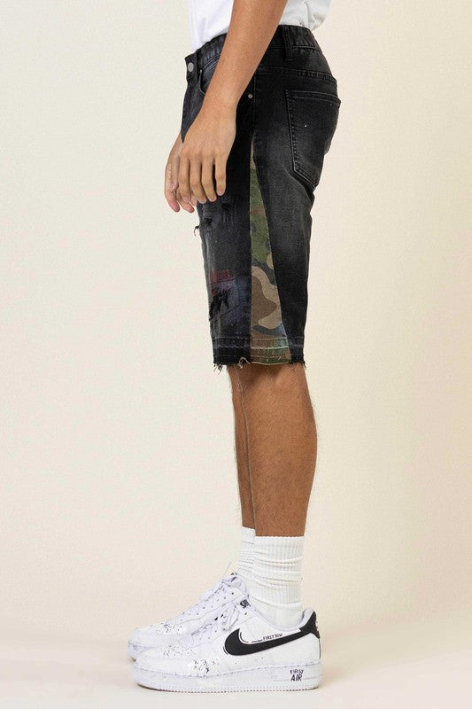 Multi Camo Paneled Released Hem Denim Shorts