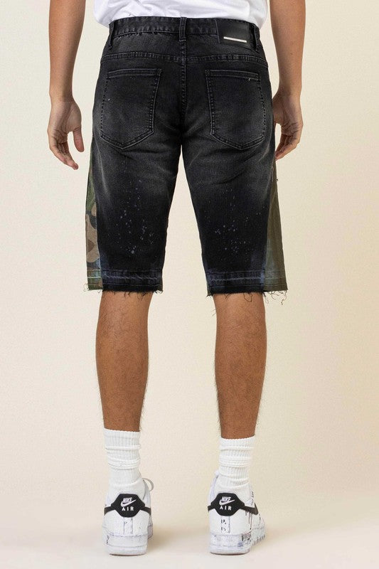 Multi Camo Paneled Released Hem Denim Shorts