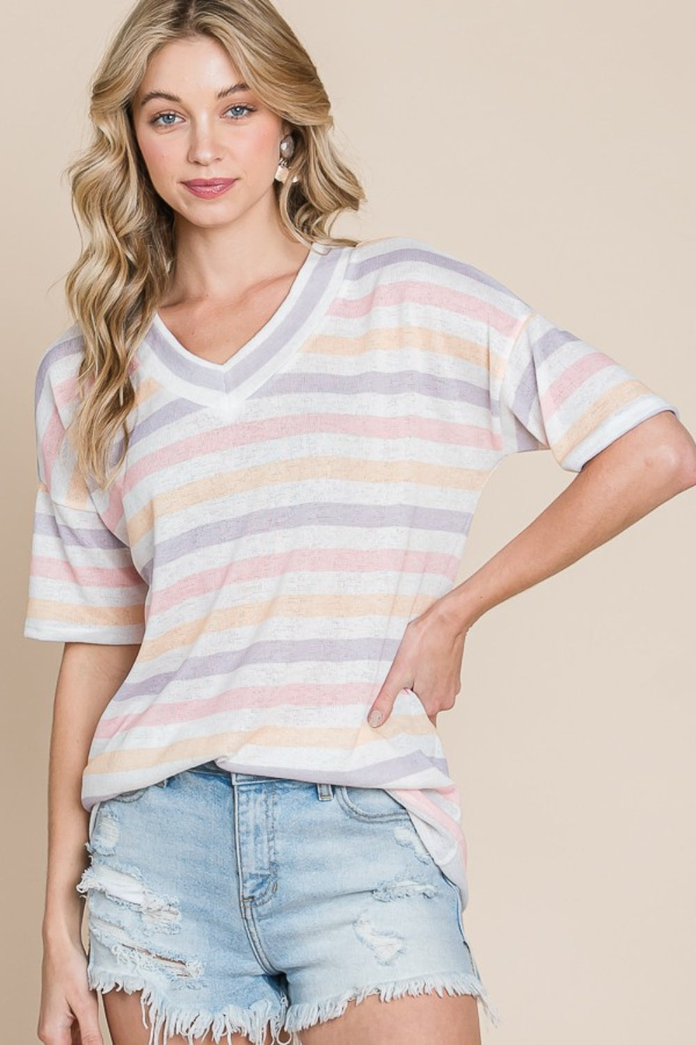 BOMBOM Striped V-Neck Short Sleeve T-Shirt