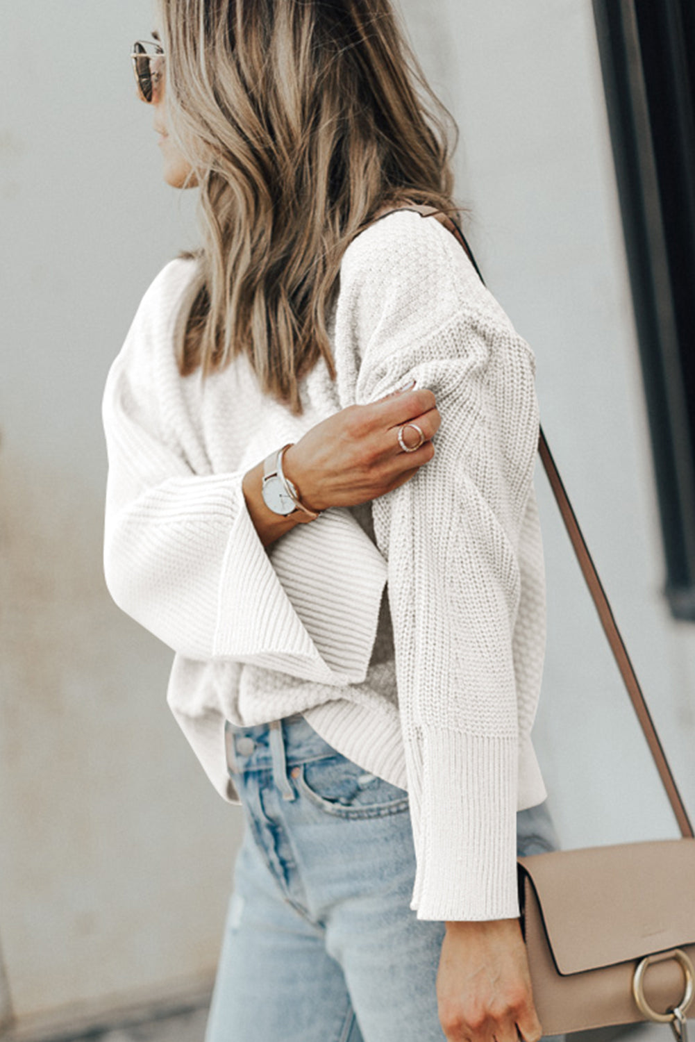 Textured Round Neck Long Sleeve Sweater