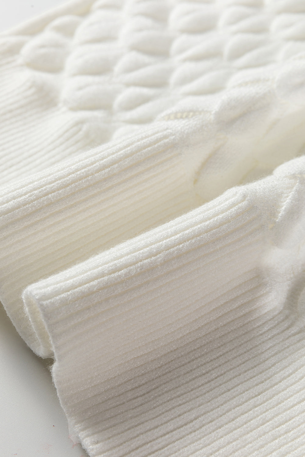 White Fish Scale Textured Knit Ribbed High Neck Short Sleeve Sweater