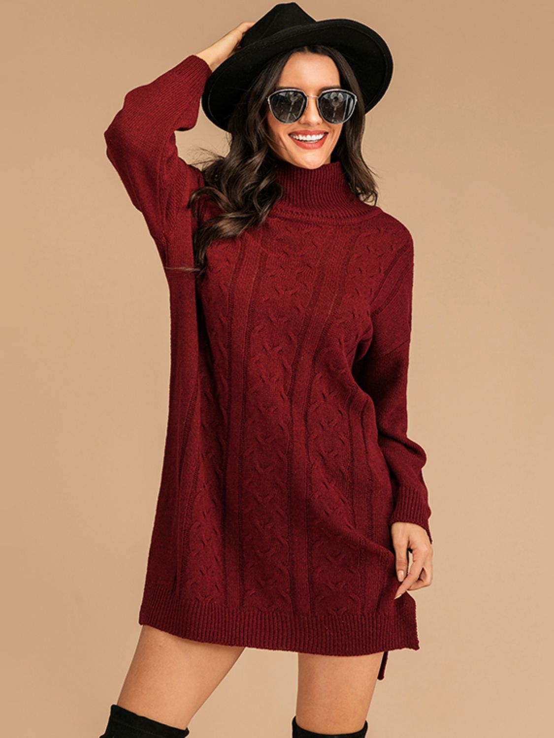 Perfee Slit Turtleneck Long Sleeve Mini Sweater Dress