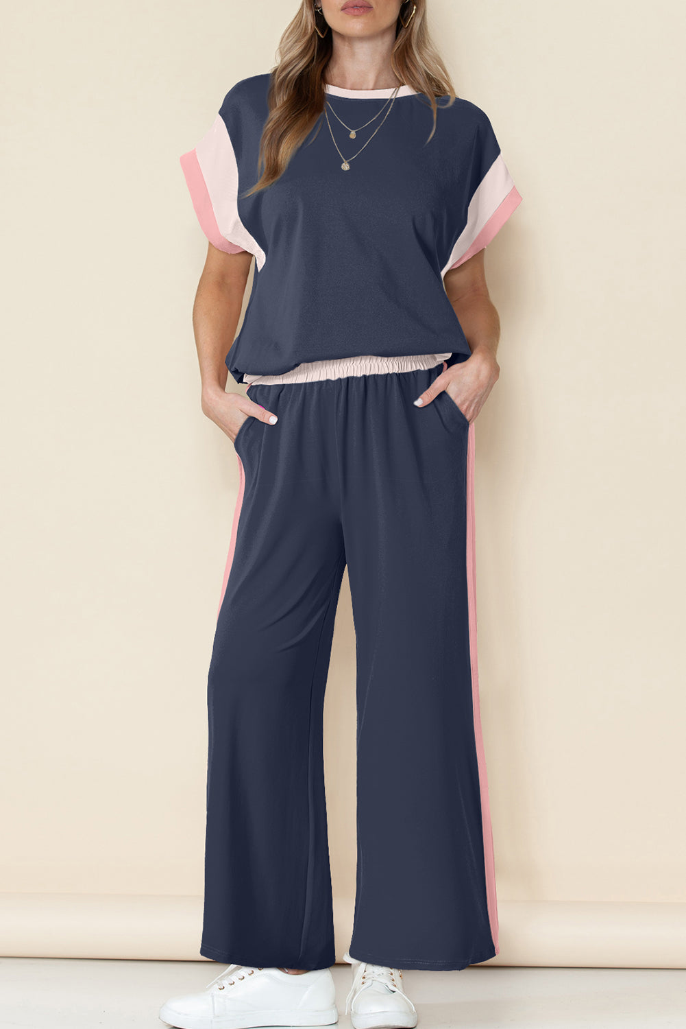Strawberry Pink Color Block Detail Casual Two-piece Set