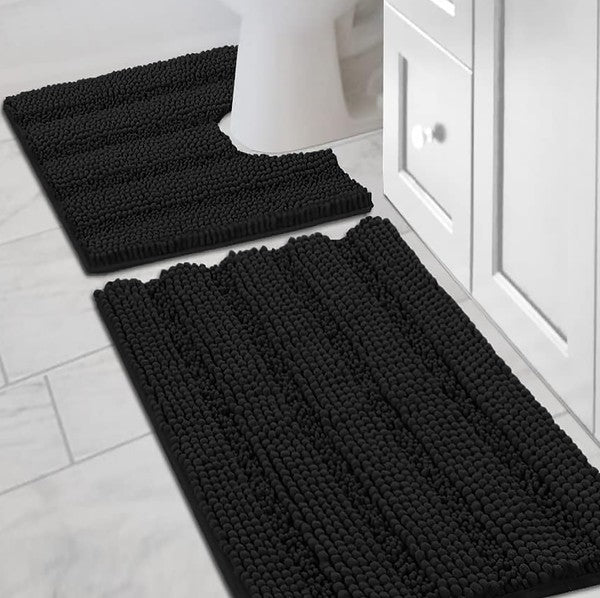 2PC Black Soft Cozy Plush Chenille Bath Mat Set