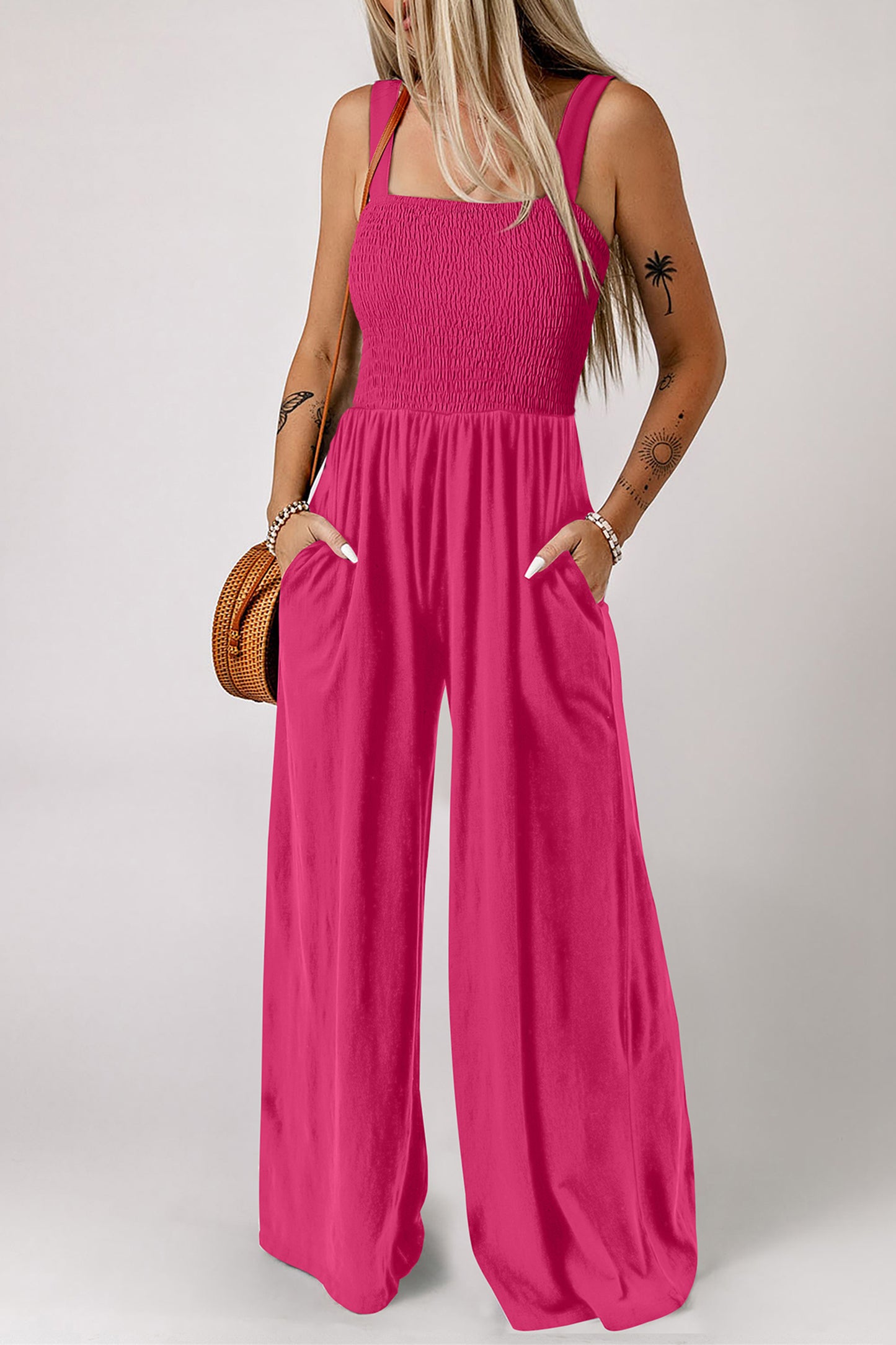 Purple Orchid Smocked Square Neck Sleeveless Jumpsuit with Pockets