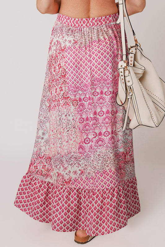 Red Boho Pattern Print Tassel Drawstring Elastic Waistband Maxi Skirt