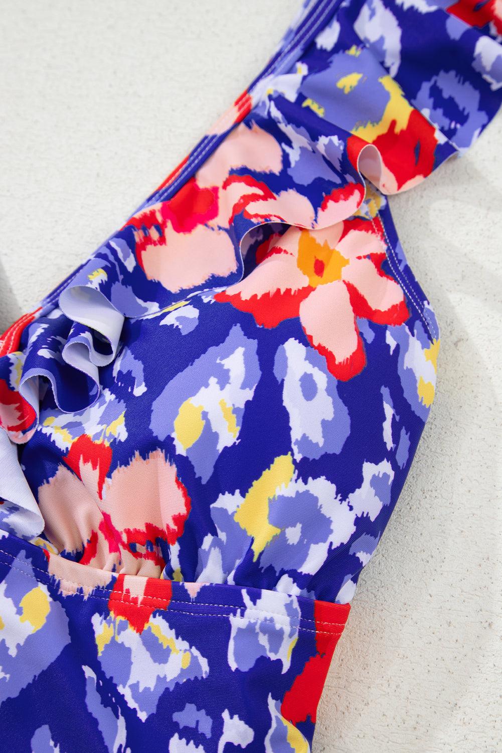 Blue Floral Ruffle Trim V Neck Lace-up Back Tummy Control One Piece Swimsuit