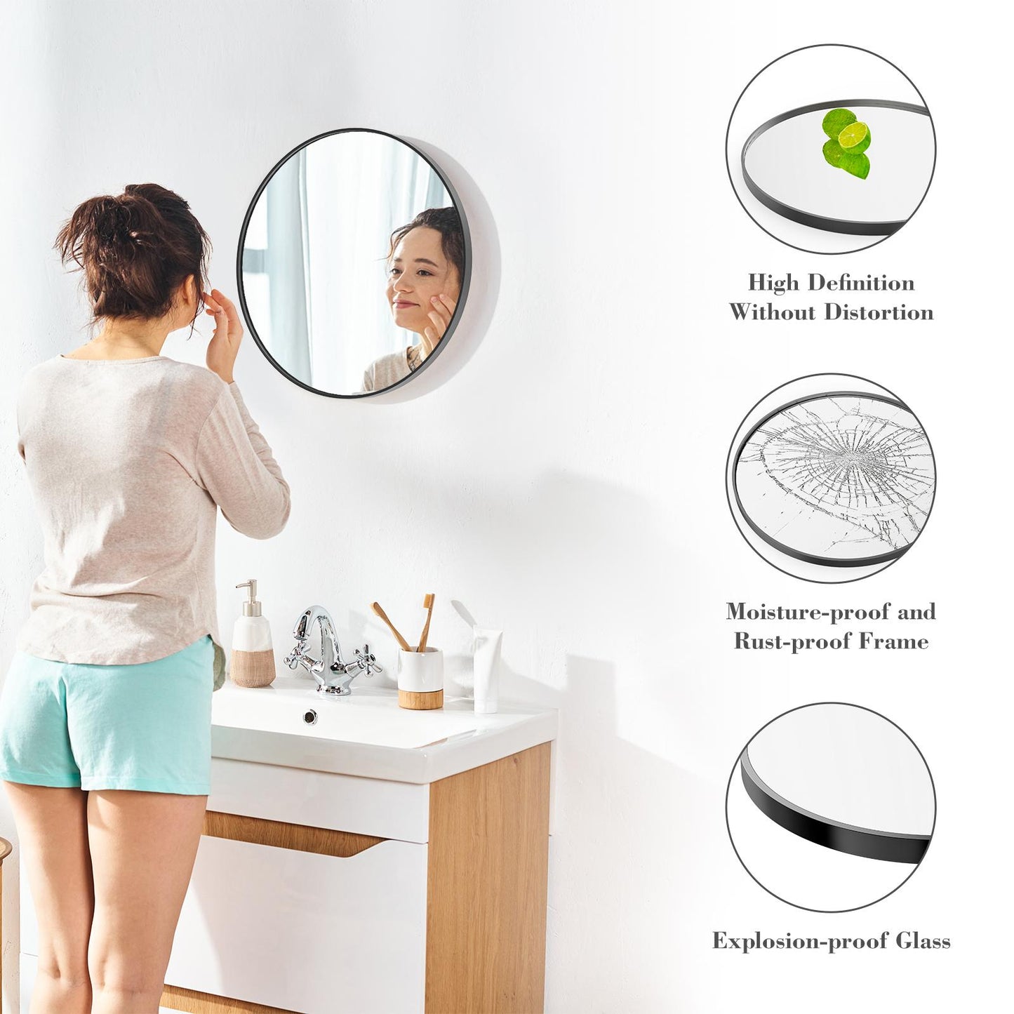 Black Round Wall Mirror 20 Inch, Bathroom Mirrors for Over Sink, Circle Mirror for Bathroom, Entryway, Bedroom, Vanity