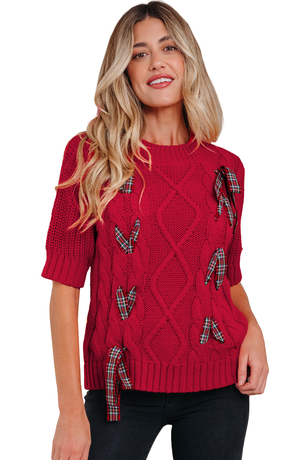 Black Plaid Lace up Detail Christmas Holiday Puff Short Sleeve Sweater