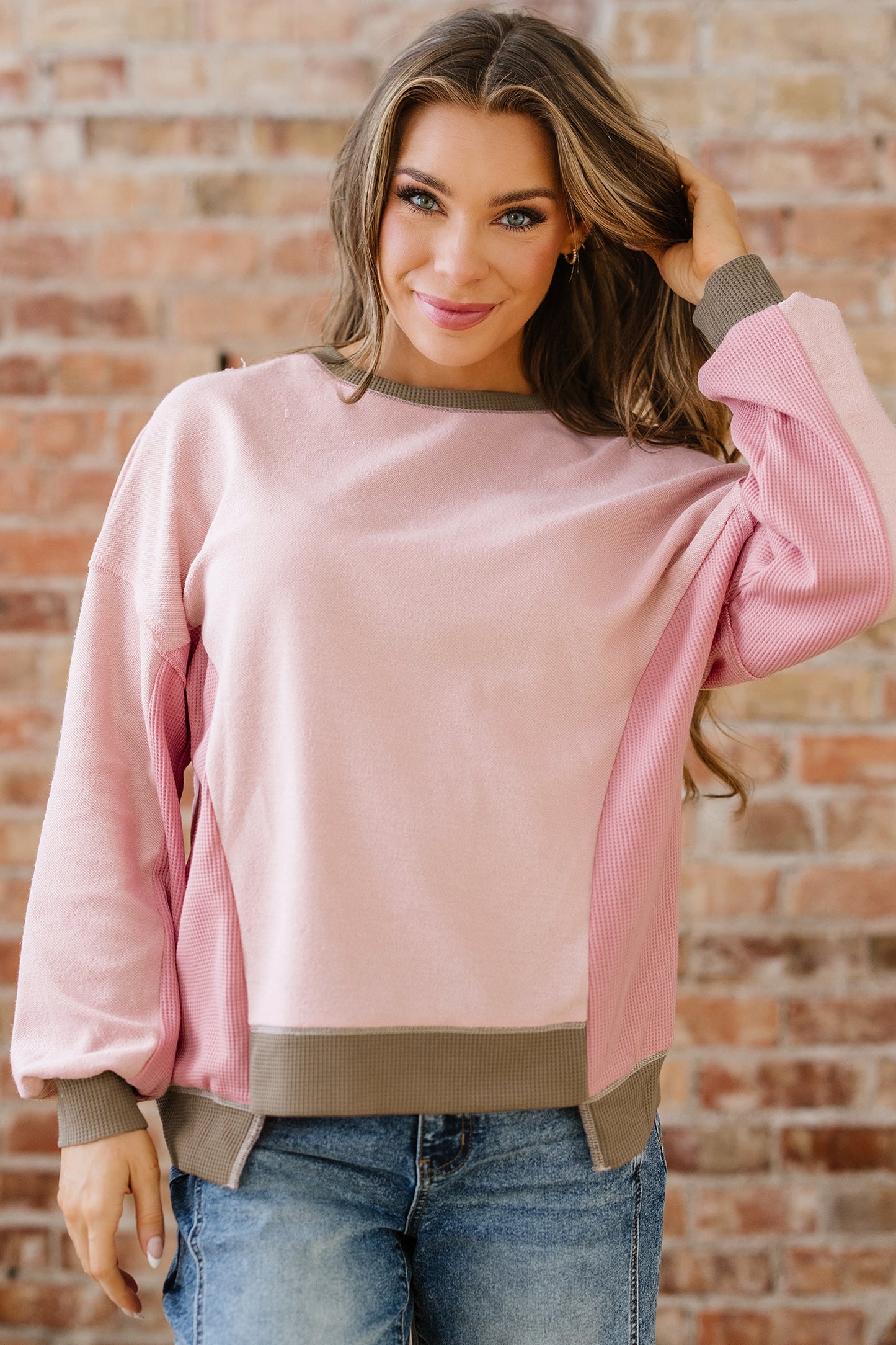 Smoke Green Color Block Mix Texture Waffle Patchwork Oversize Sweatshirt