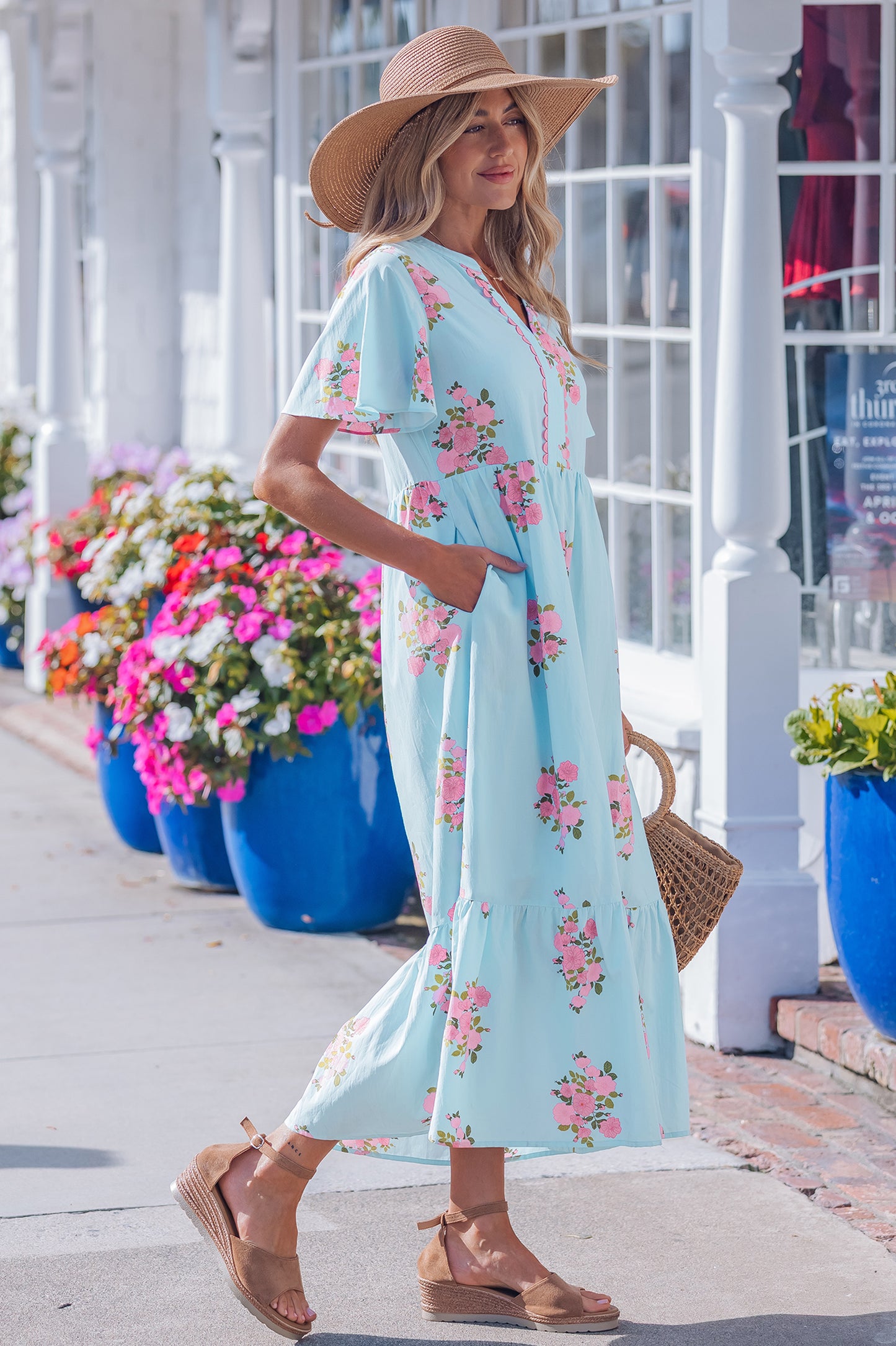 Sky Blue Notched Neck Flutter Short Sleeve Floral Print Maxi Dress