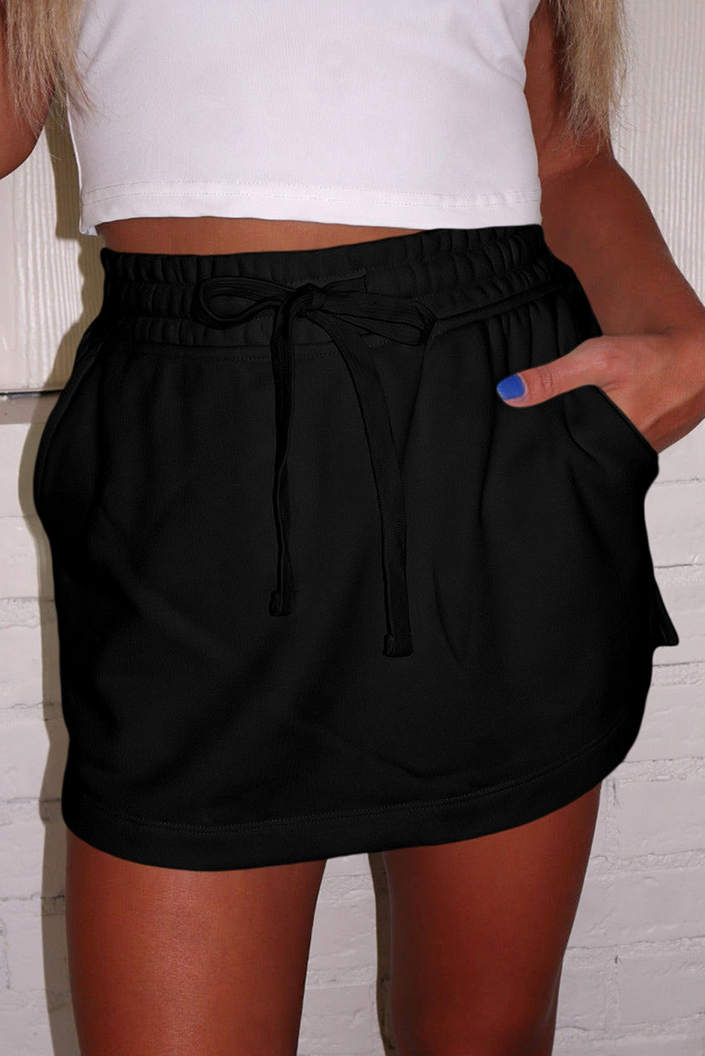 Black French Terry Drawstring Elastic Waistband Mini Skort with Pockets