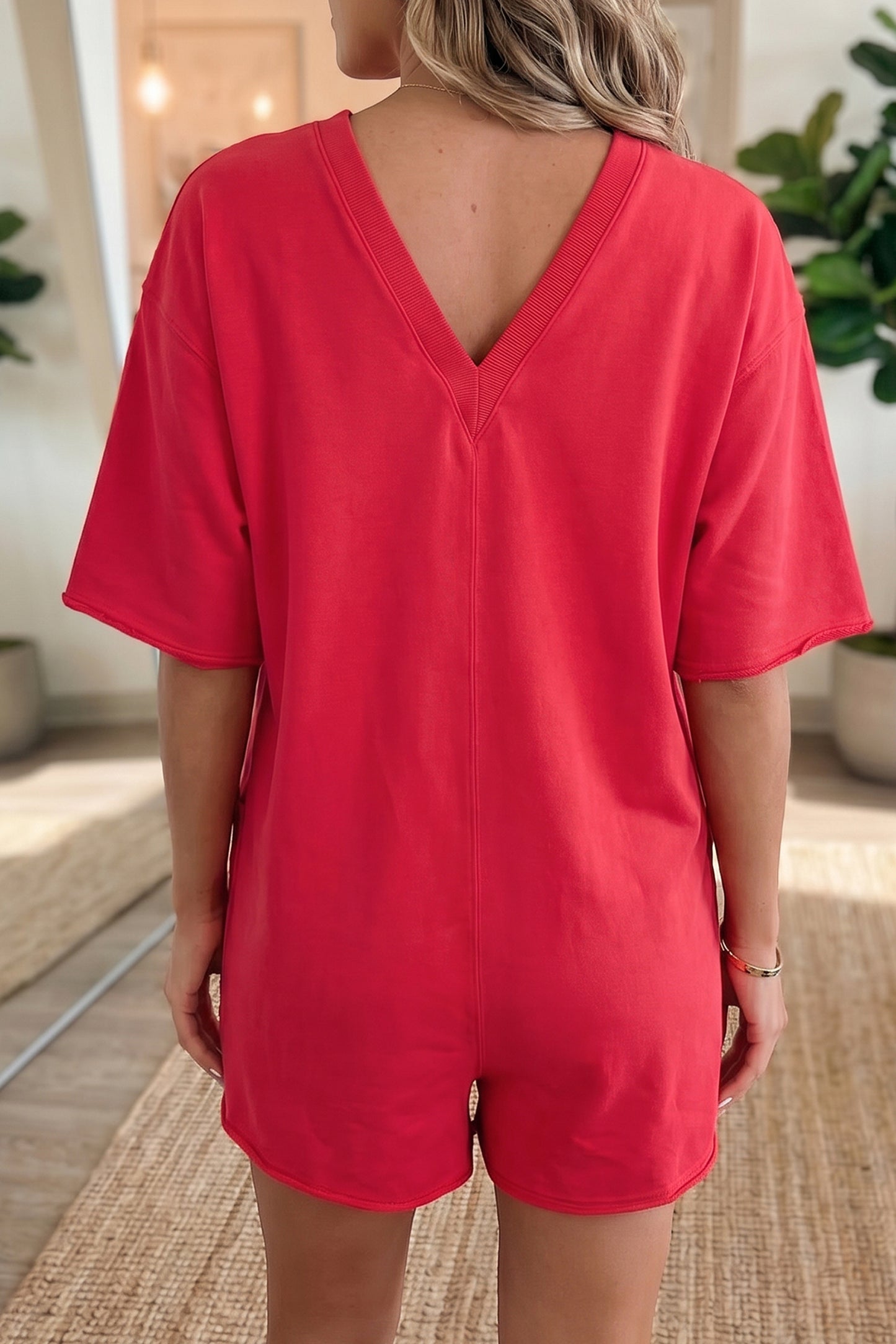 Bright Green Solid Color Raw Edge Half Sleeve Pocketed Loose Romper