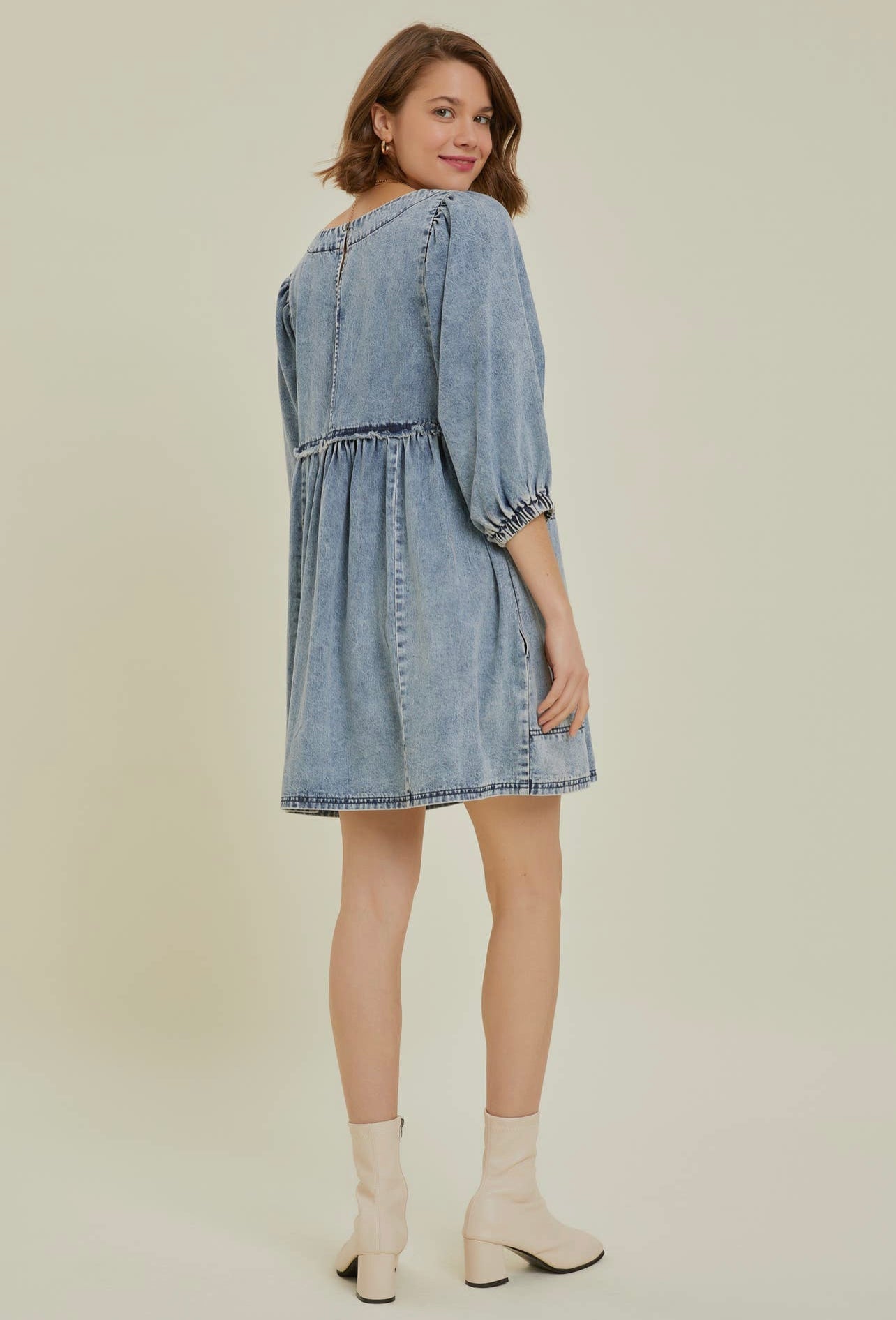 Cutout Round Neck Balloon Sleeve Denim Dress