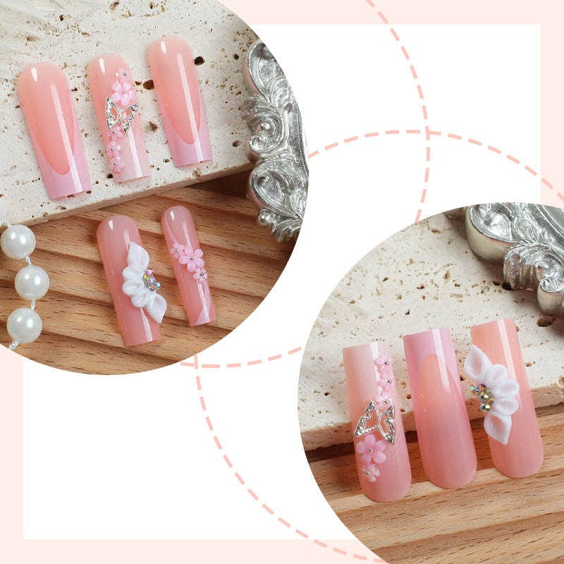 European American Style Flower Diamond Press-On Nails 24Pcs
