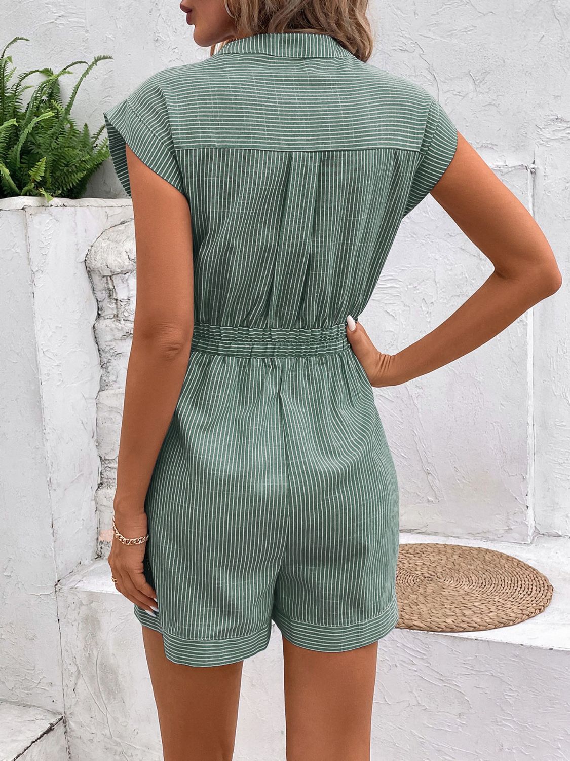 Striped Notched Tie Waist Romper