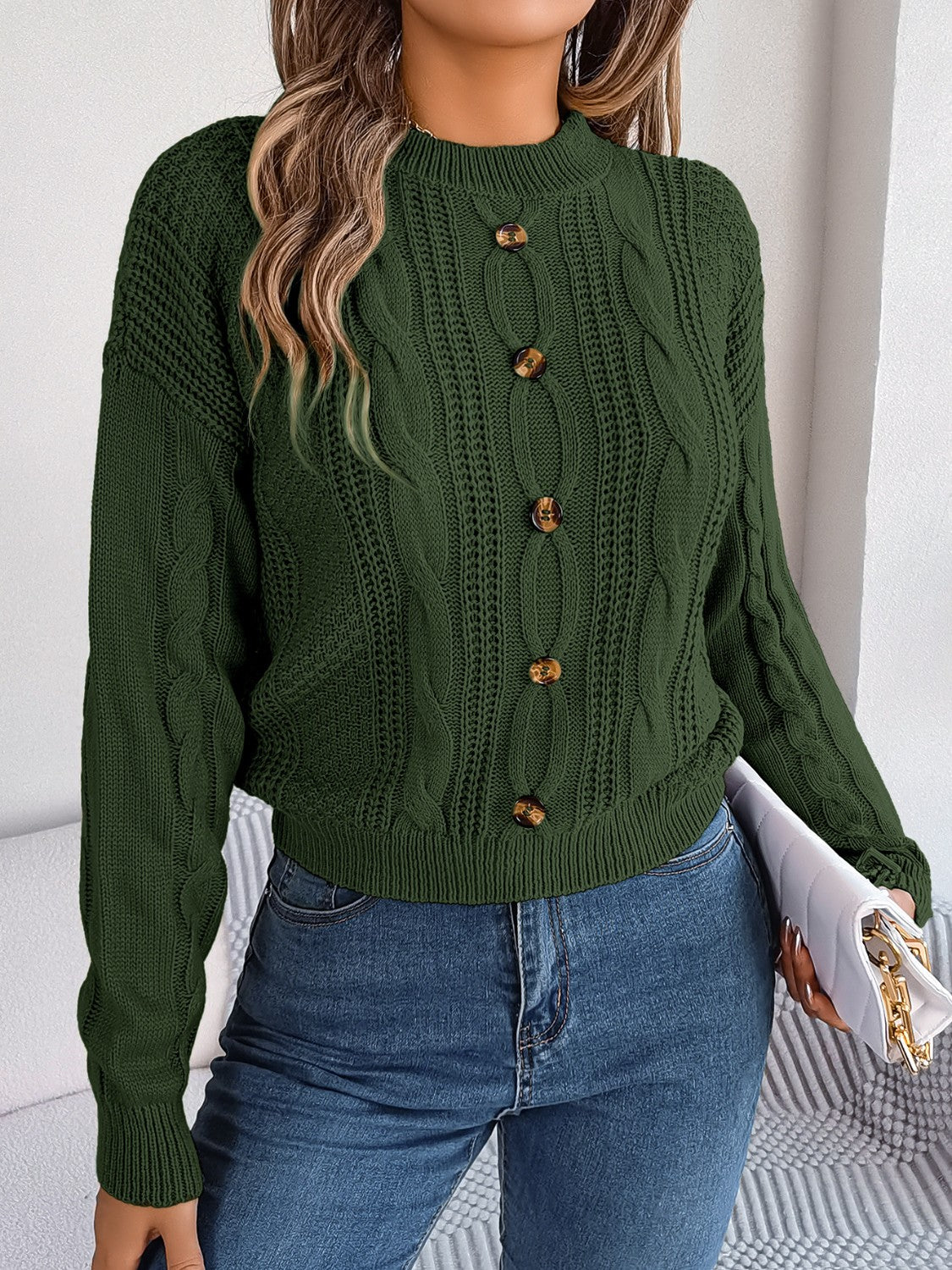 Cable-Knit Buttoned Round Neck Sweater