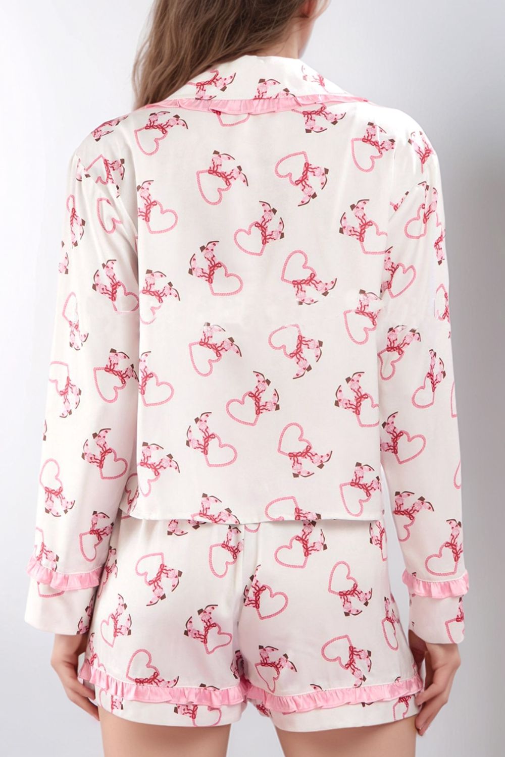 Valentine’s Day Ribbon Tied Printed Long Sleeve Top and Shorts Lounge Set