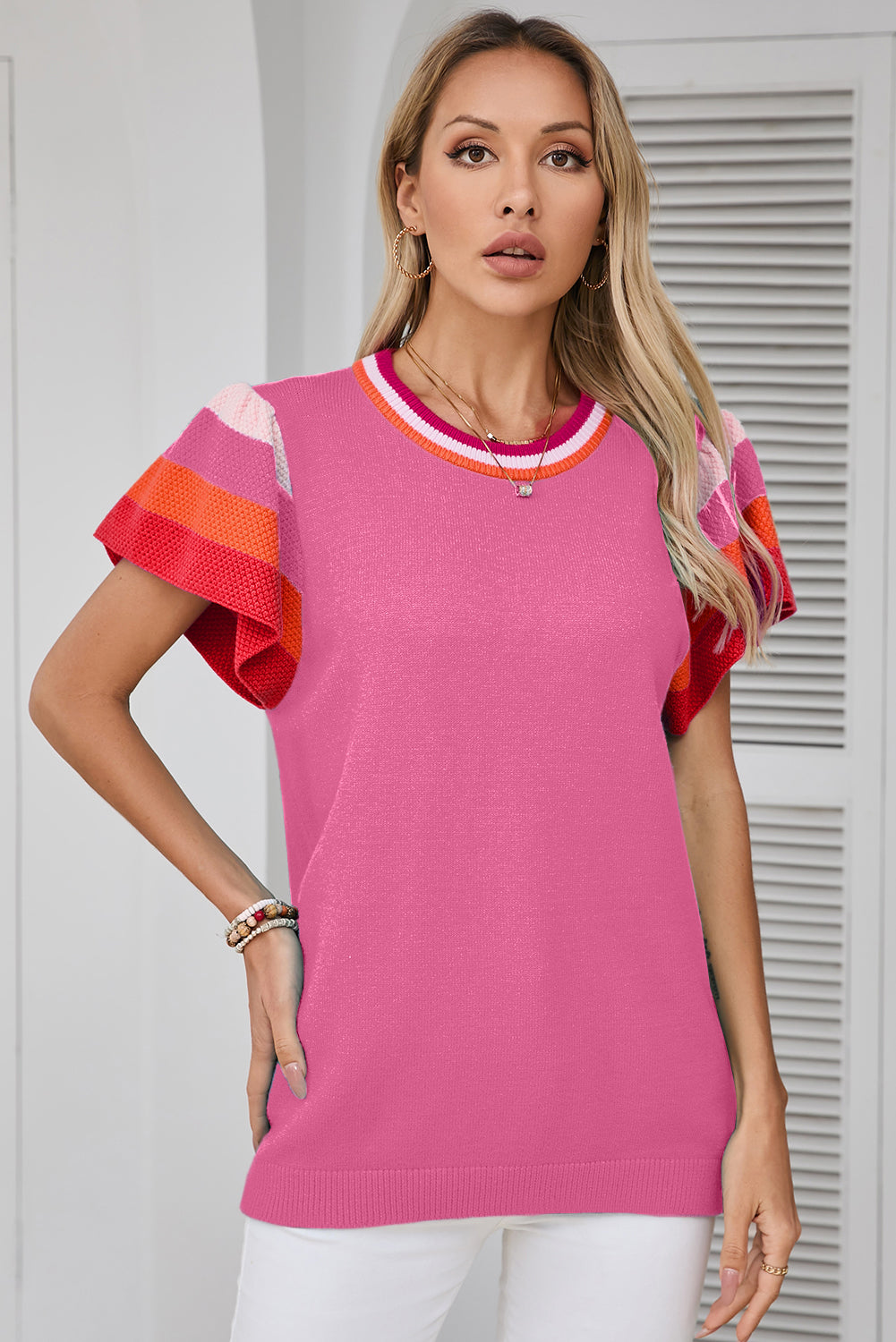 Carrot Contrast Flutter Sleeves Knitted Sweater T Shirt
