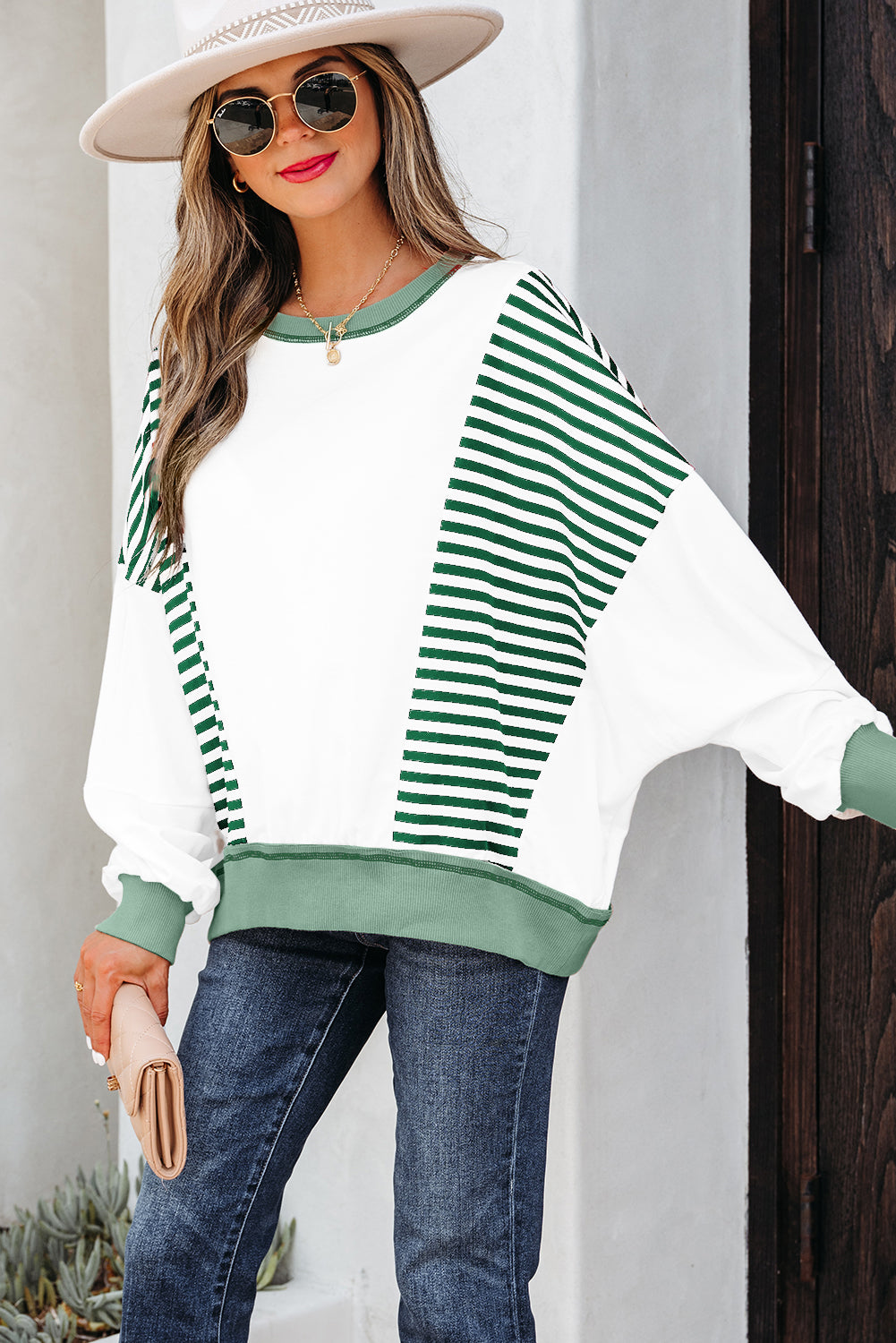 Brown Stripe Colorblock Patchwork Contrast Stitching Oversize Sweatshirt