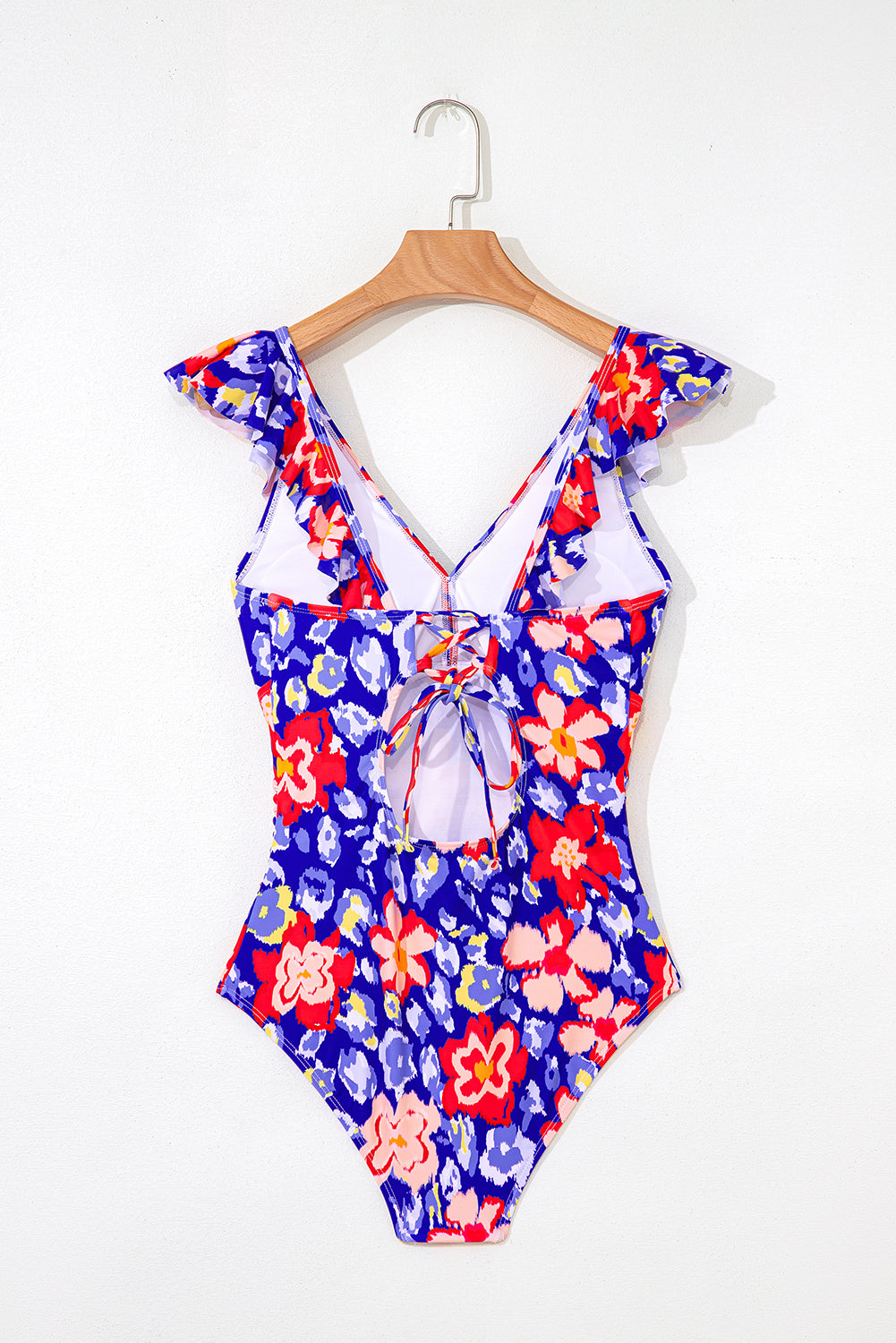 Blue Floral Ruffle Trim V Neck Lace-up Back Tummy Control One Piece Swimsuit