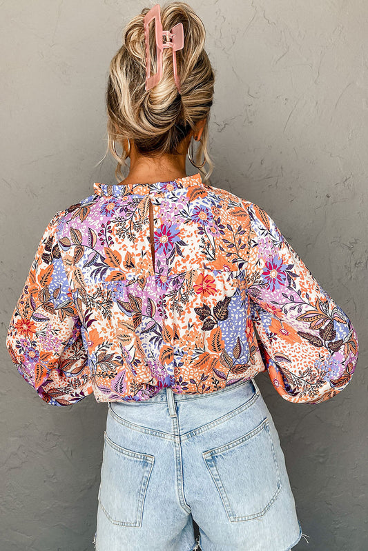 Multicolour Floral Bishop Sleeve Frilled Round Neck Blouse