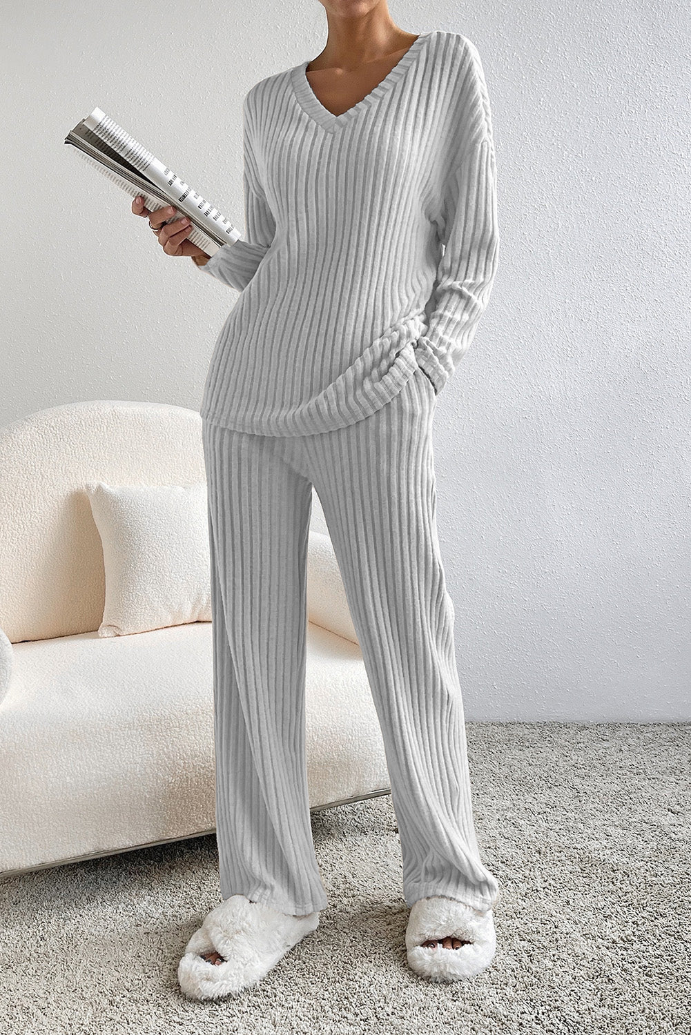 Light Grey Ribbed Knit V Neck Slouchy Two-piece Outfit