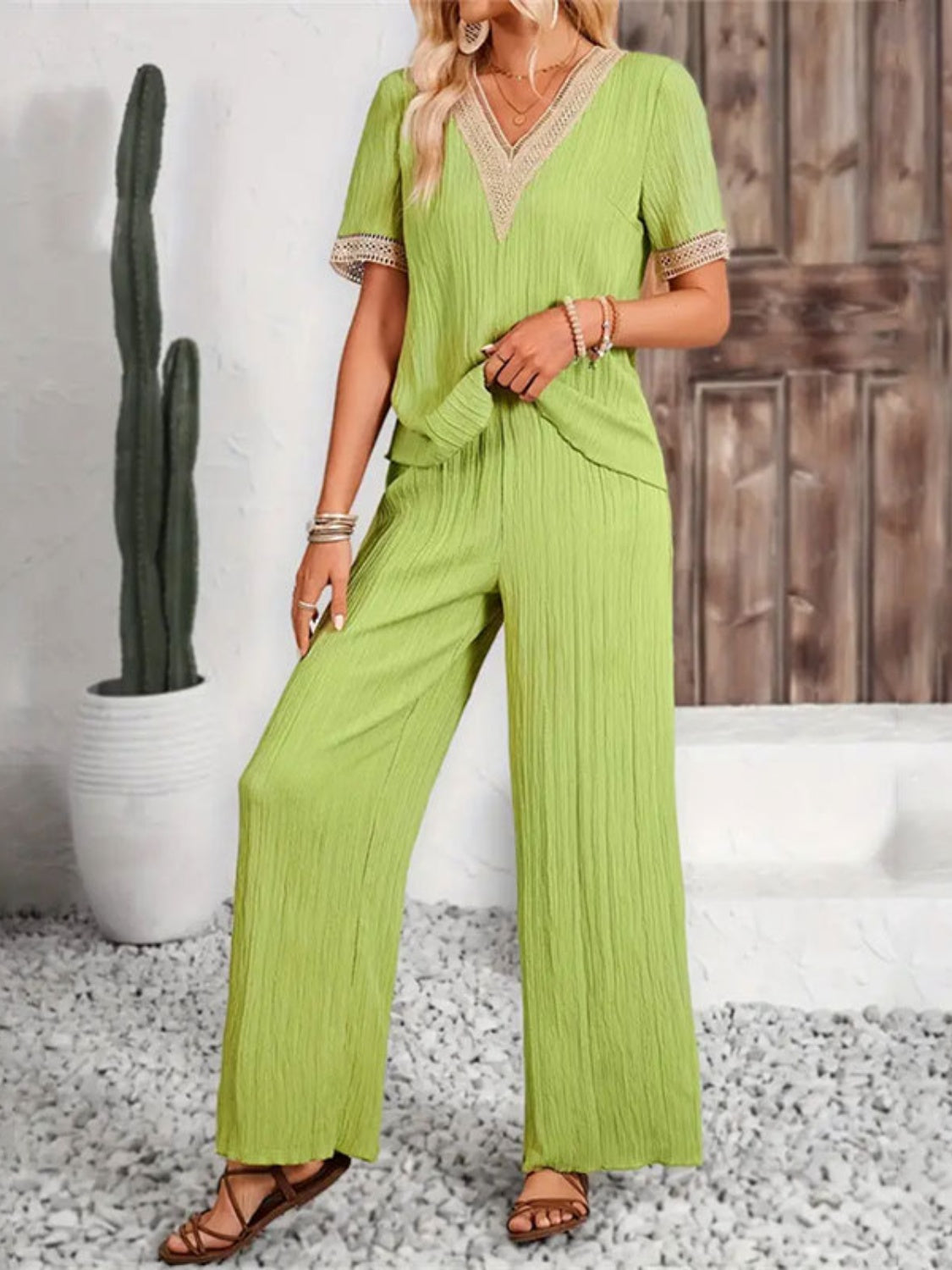 V-Neck Short Sleeve Top and Pants Set