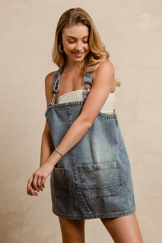 BiBi Washed Adjustable Strap Denim Overall Dress