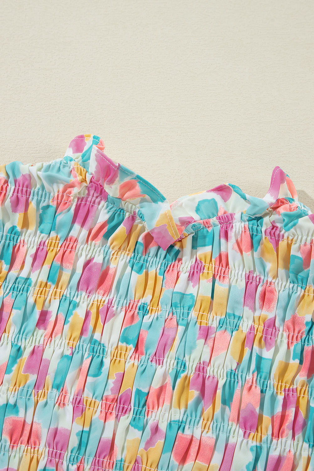 Sky Blue Shirred Yoke Ruffled Abstract Printed Blouse