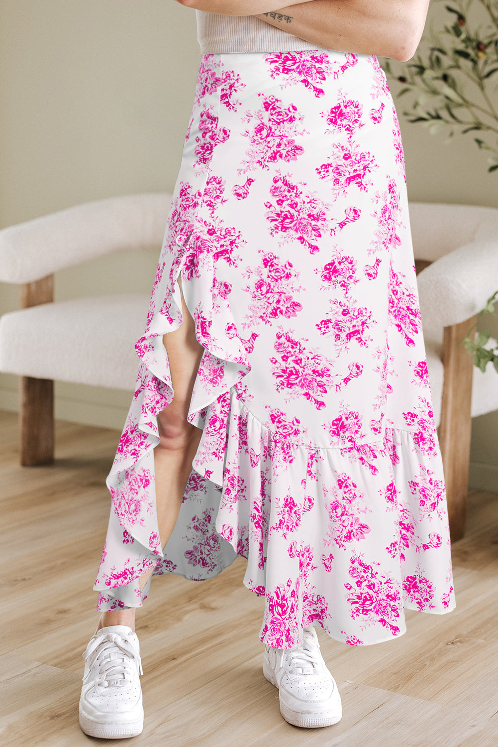 Black Boho Floral High Waist Ruffle Split Maxi Skirt