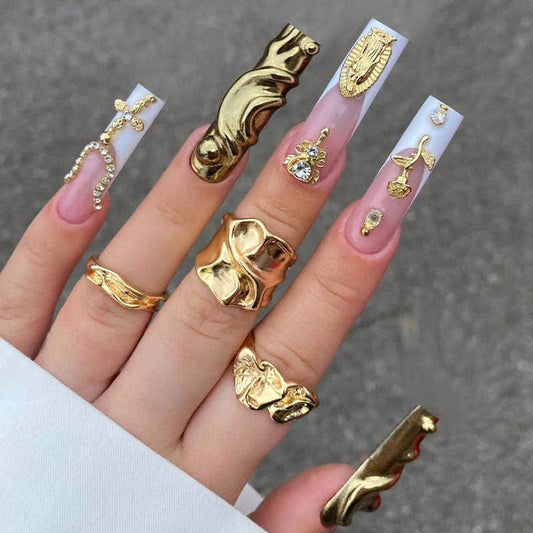 Vintage French Tip Press On Nails With Gold 3D Decor