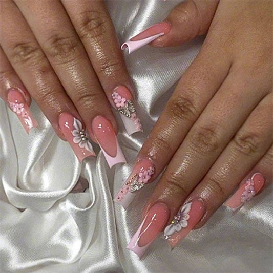 European American Style Flower Diamond Press-On Nails 24Pcs
