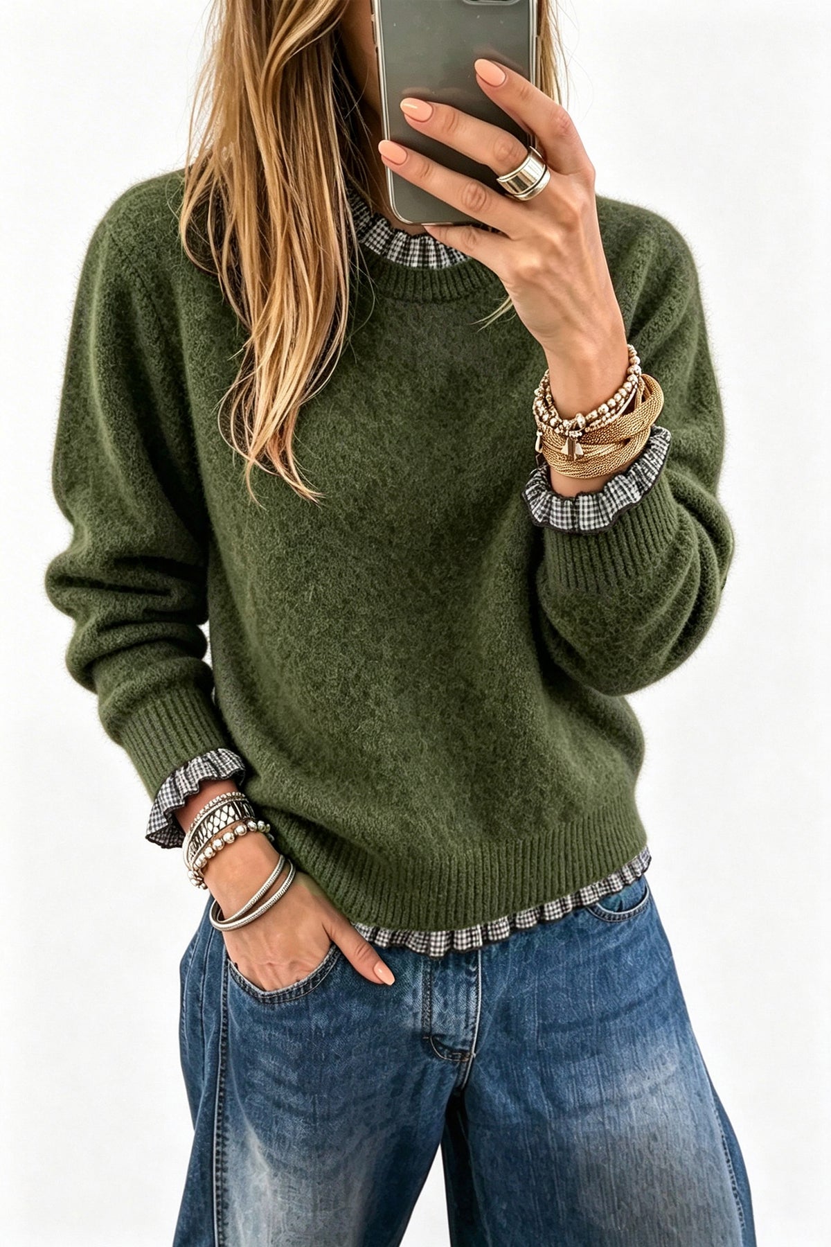Light French Beige Contrast Plaid Ruffle Trim Pullover Sweater