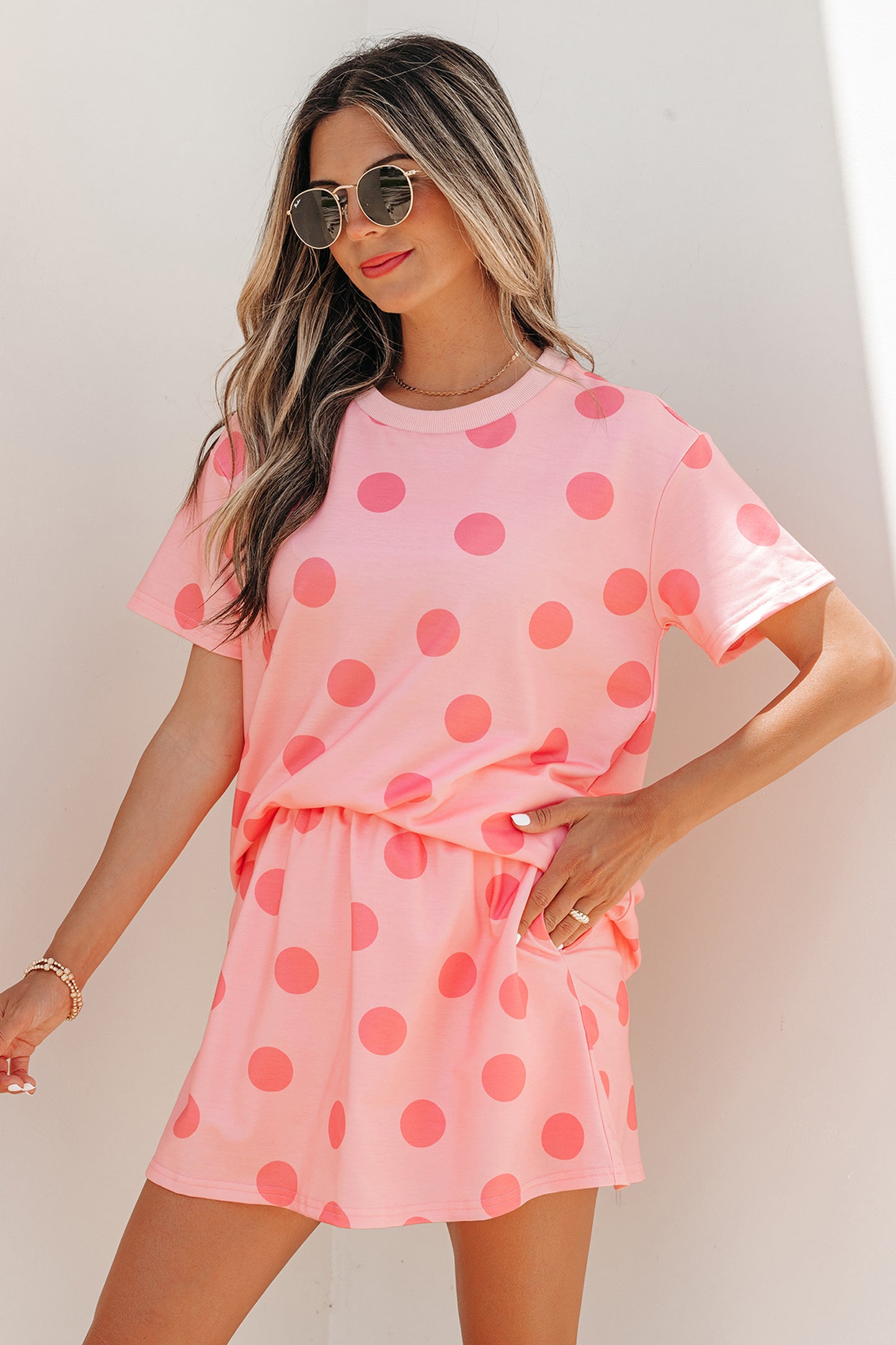 Sky Blue Polka Dot Short Sleeve Top Casual Skort 2pcs Outfit