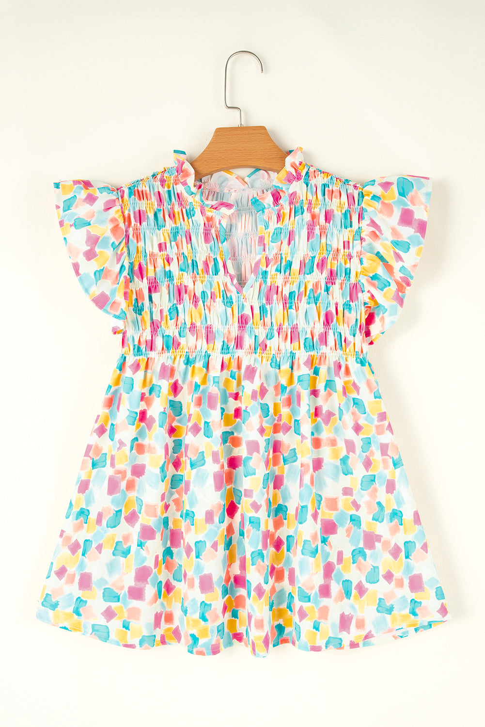 Sky Blue Shirred Yoke Ruffled Abstract Printed Blouse