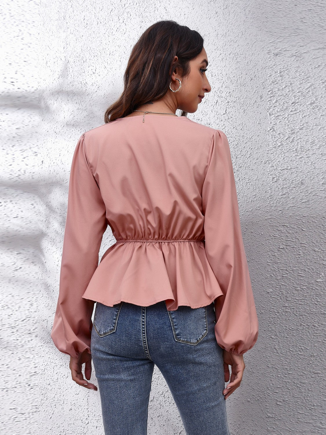 V-Neck Balloon Sleeve Peplum Blouse