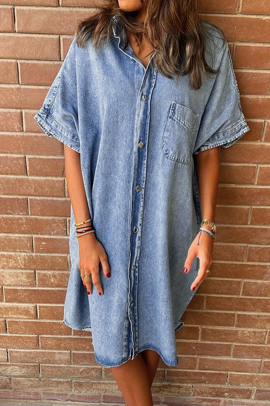 Pocketed Button Up Half Sleeve Denim Dress