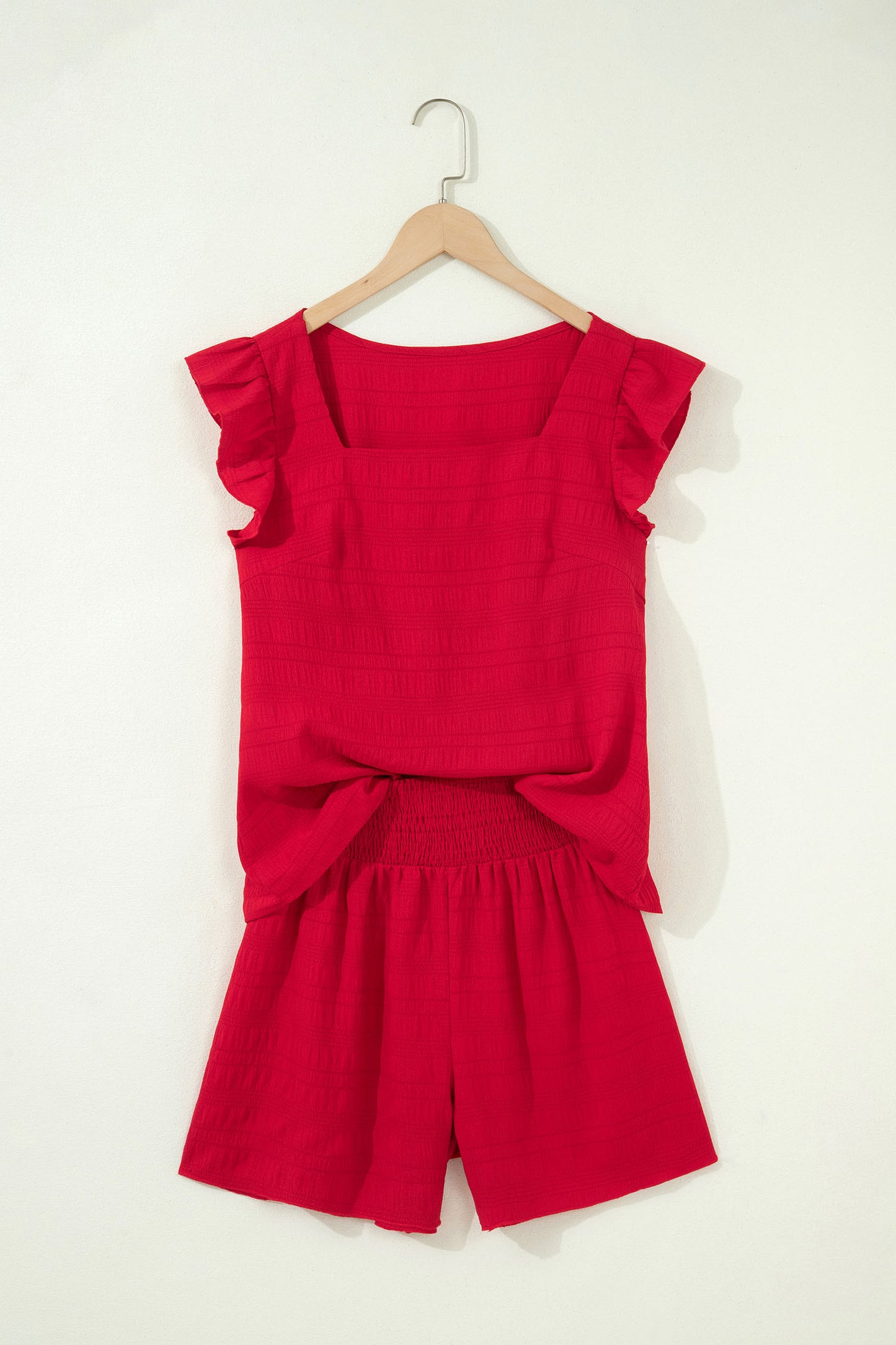 Peach Blossom Textured Square Neck Top and Shirred High Waist Shorts Set