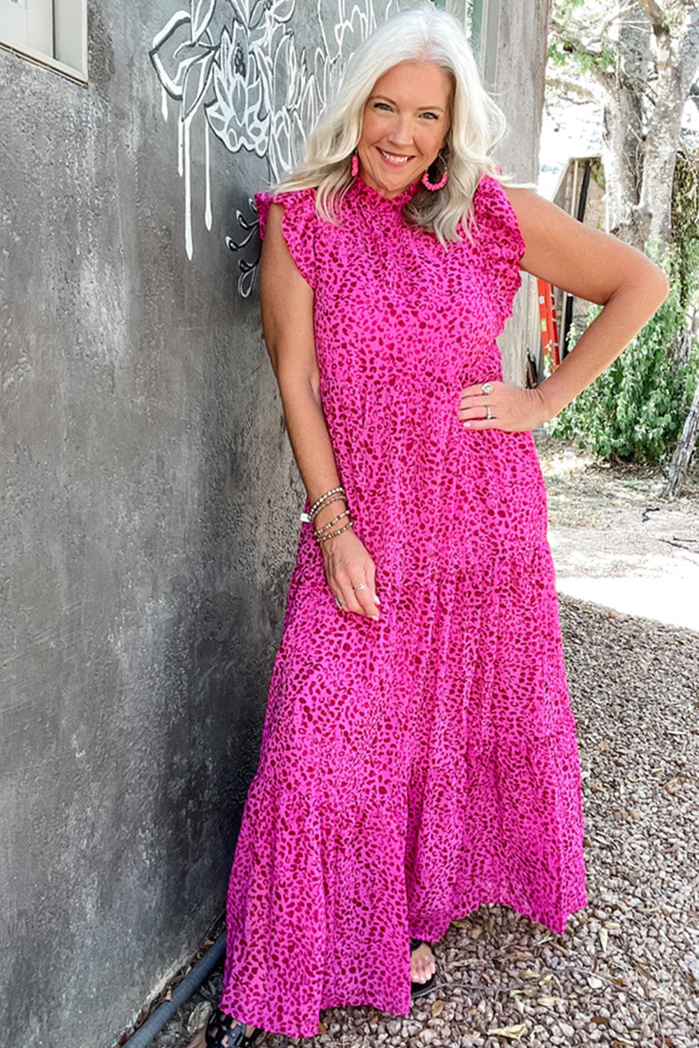 Rose Red Leopard Print Ruffled Trim Tiered Maxi Dress