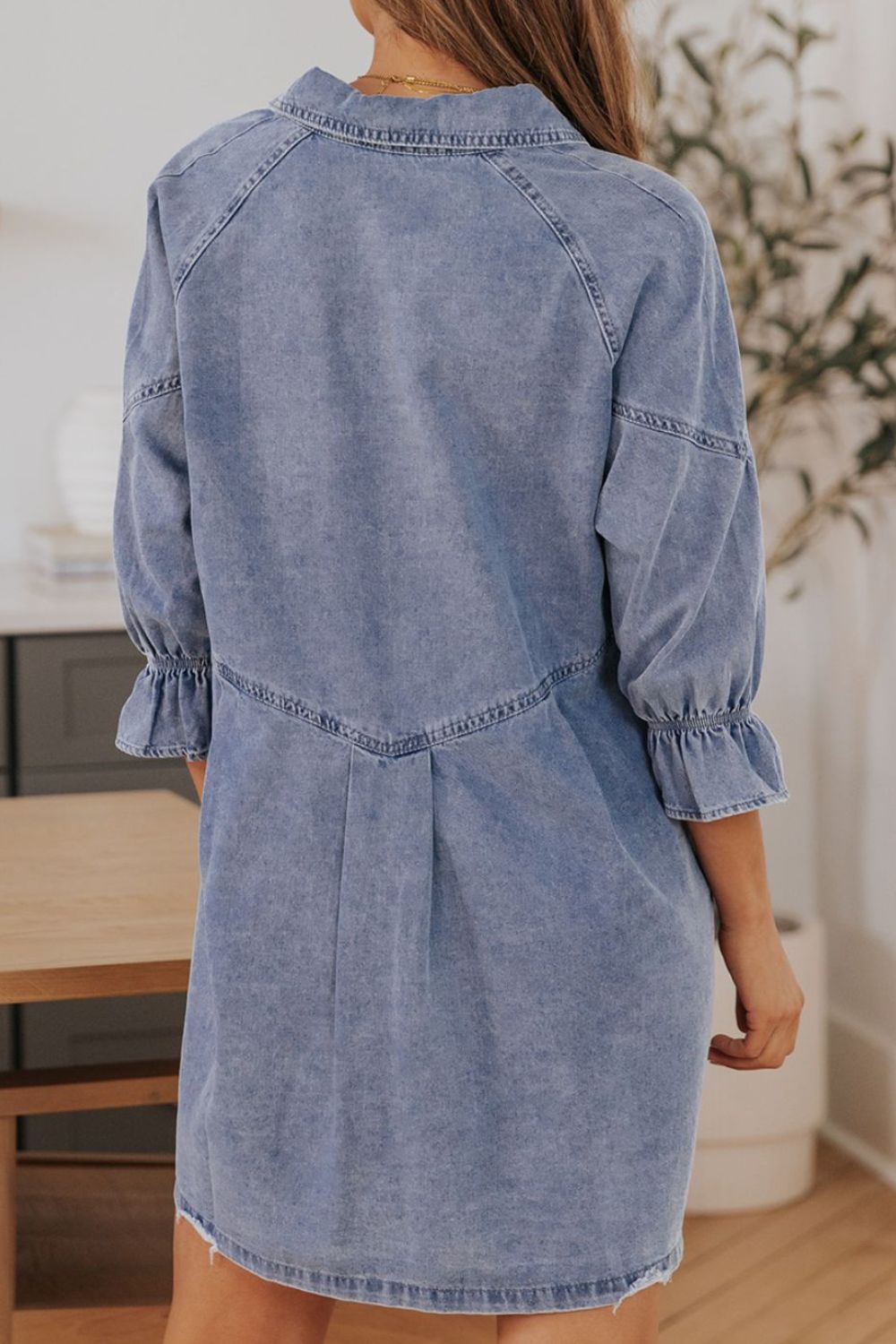 Distressed Collared Neck Flounce Sleeve Denim Dress