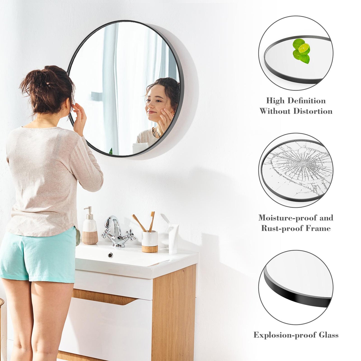 Black Round Wall Mirror 20 Inch, Bathroom Mirrors for Over Sink, Circle Mirror for Bathroom, Entryway, Bedroom, Vanity