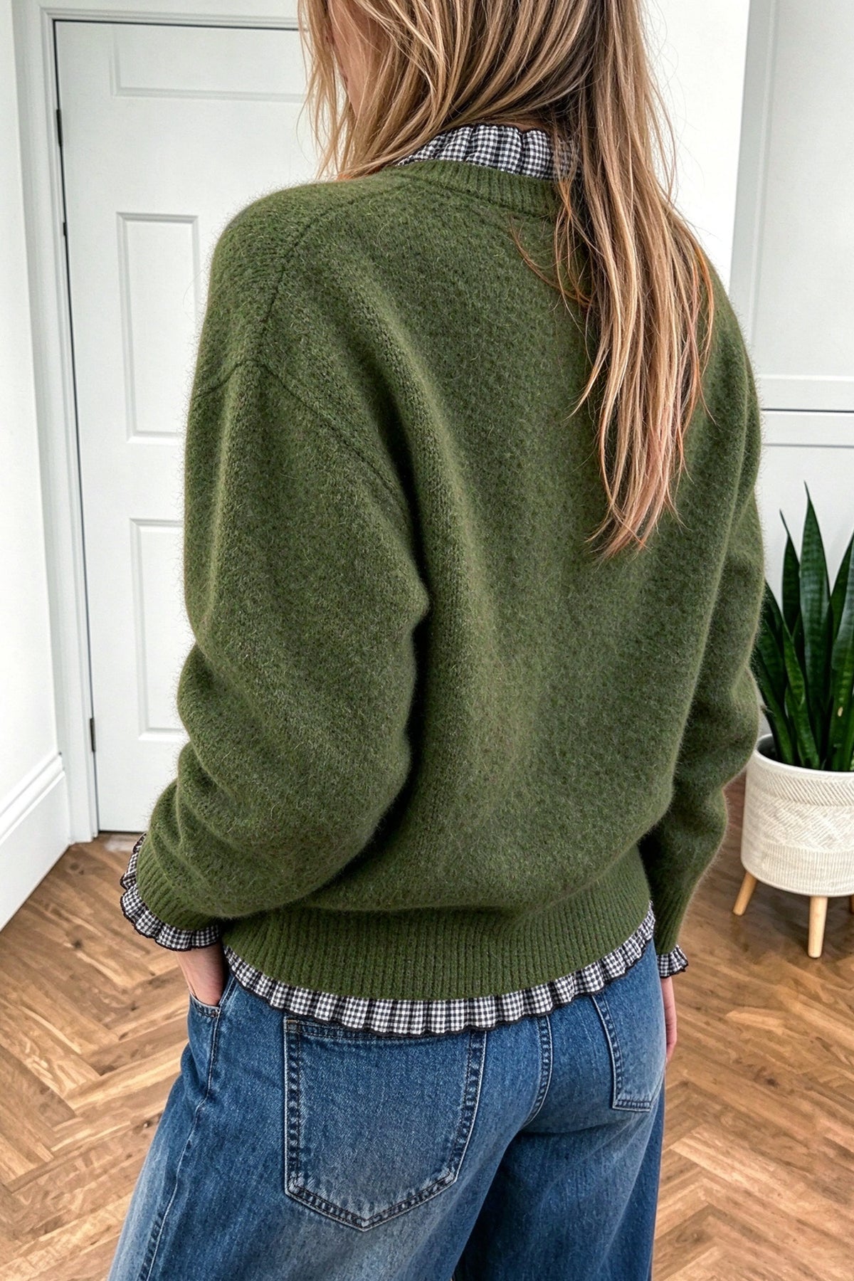 Light French Beige Contrast Plaid Ruffle Trim Pullover Sweater