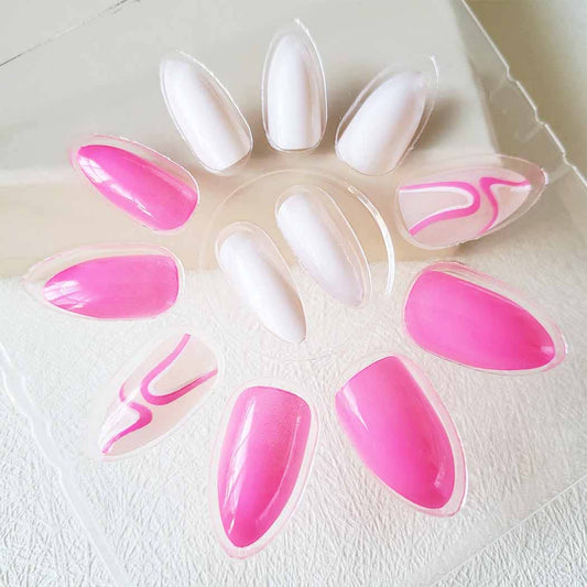 Hot Pink and White Combination Press On Nail Set