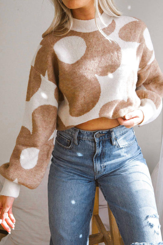 Khaki Big Flower Pattern Drop Shoulder Sweater