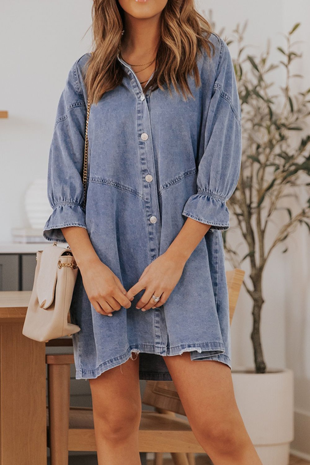 Distressed Collared Neck Flounce Sleeve Denim Dress